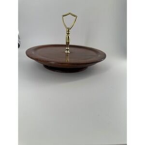Vintage Wooden Lazy Susan Rotating Serving Tray with Brass Handle Mid‎ Century